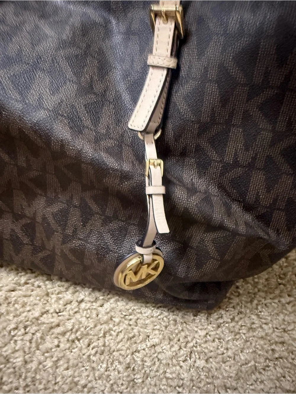 Michael Kors Brown Signature Logo Tote with Tan Trim and MK Charm
